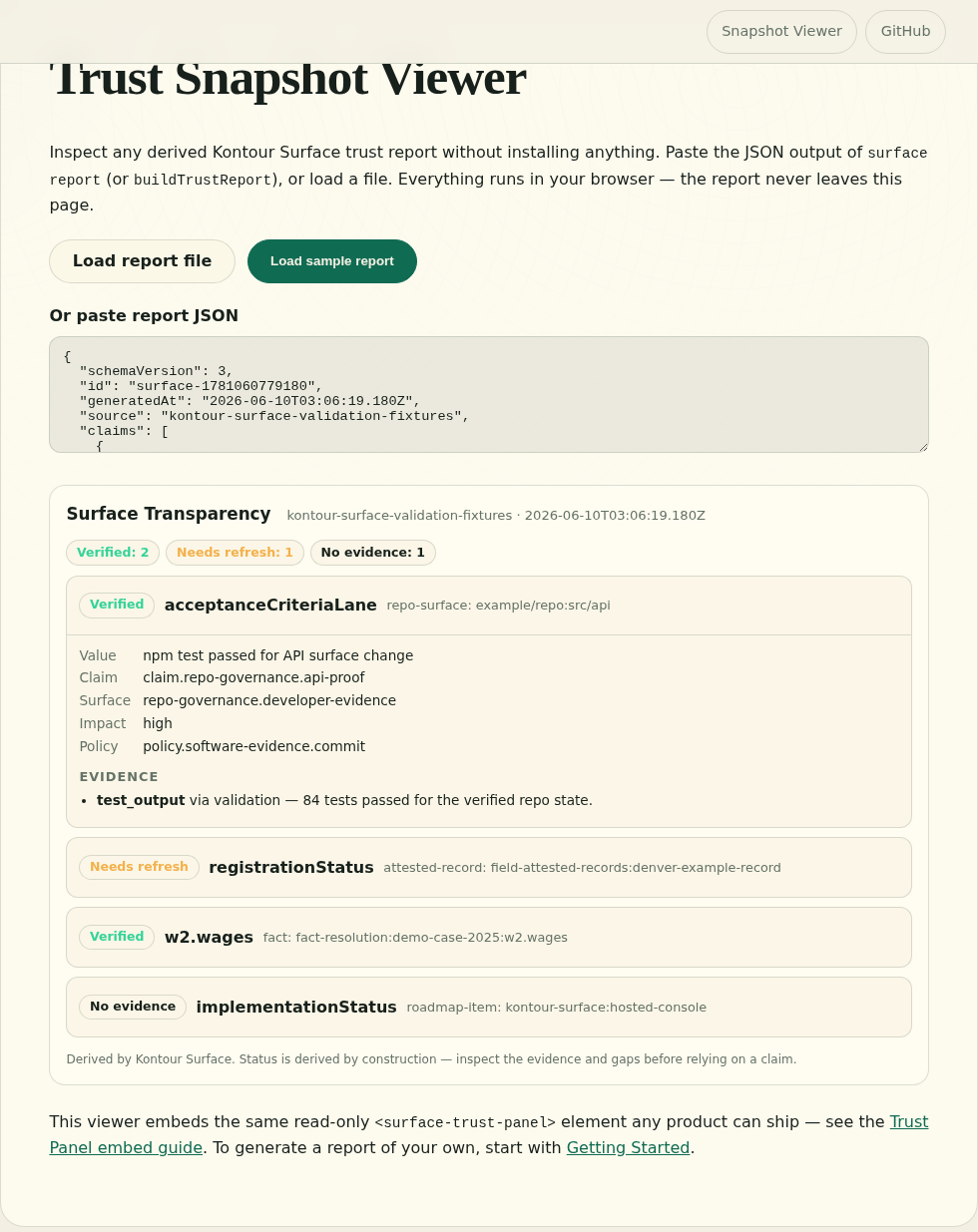 The Trust Snapshot Viewer rendering the fixture report with status chips and an expanded claim showing its evidence